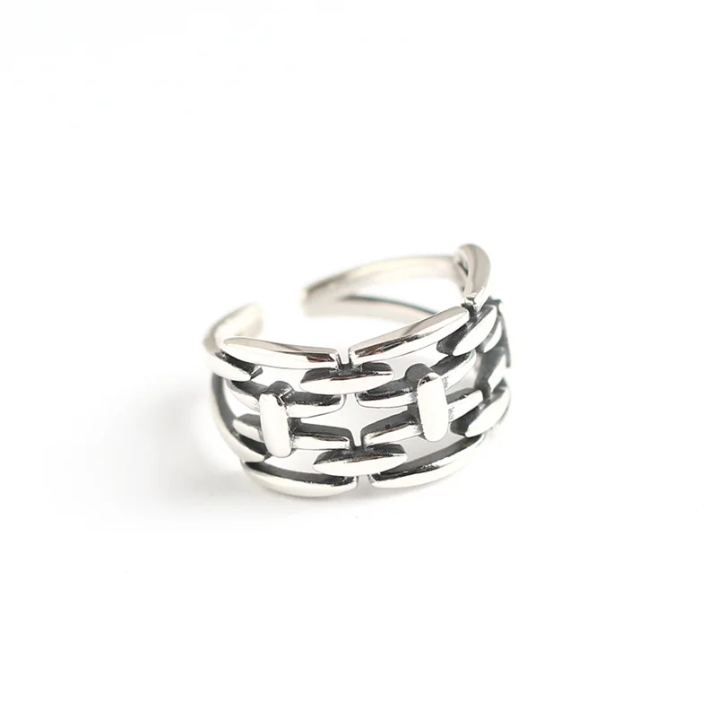 KRJ0252 Trendy Ins Minimalist S925 Sterling Silver Vintage Ring   East Gate Double Layer Chain Ring
