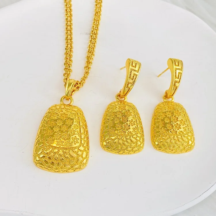 Luxury Dubai Jewelry Sets Women Gold Color Ethiopian Pendant Necklaces Earrings Middle Eastern Arab African Wedding Jewelry