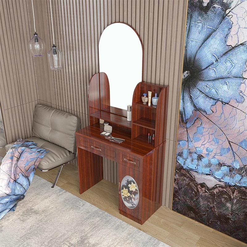 hot sale glass top vanity table simple design drawer storage dressing table brown makeup table set with mirror