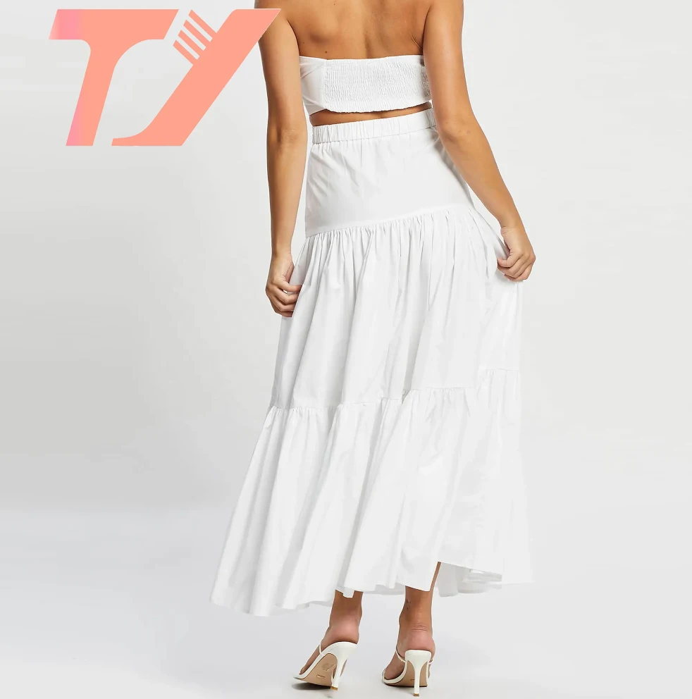 TUOYI Custom High Waist A-Line White Maxi Long Ruffle Skirts For Women
