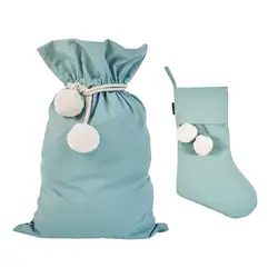 Christmas Decorations Canvas Drawstring Santa Sack with Pom Pom