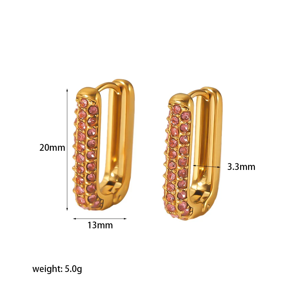 E103 18K Elegant Rectangle Colorful Diamond Huggie Earrings Stainless Steel Square Pave Emerald Zircon U Shape Hoop Earrings