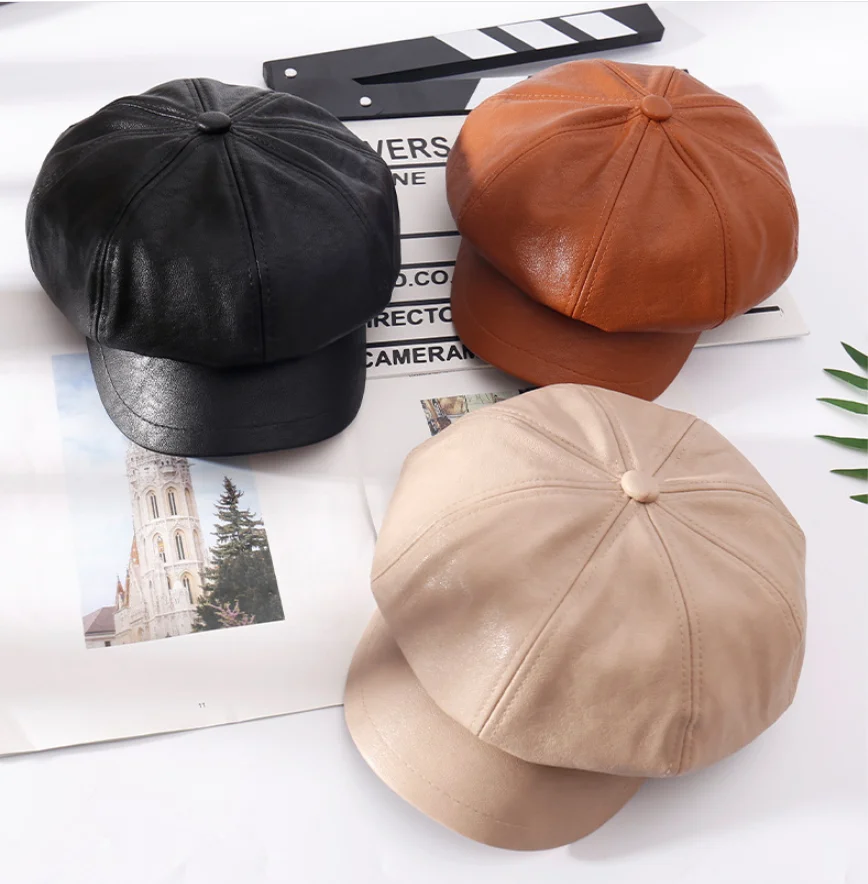Горячая Распродажа высококачественный Женский восьмиугольный берет из искусственной кожи на заказ шляпа для