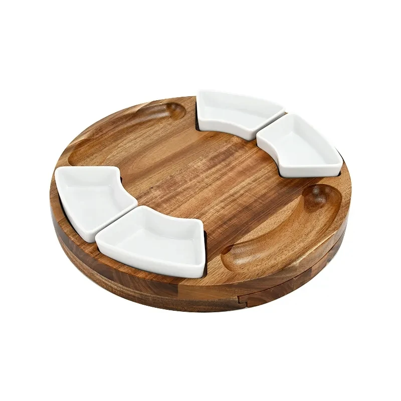 New Design Rotating Acacia Wood Round Serving Tray With Ceramic Bowl