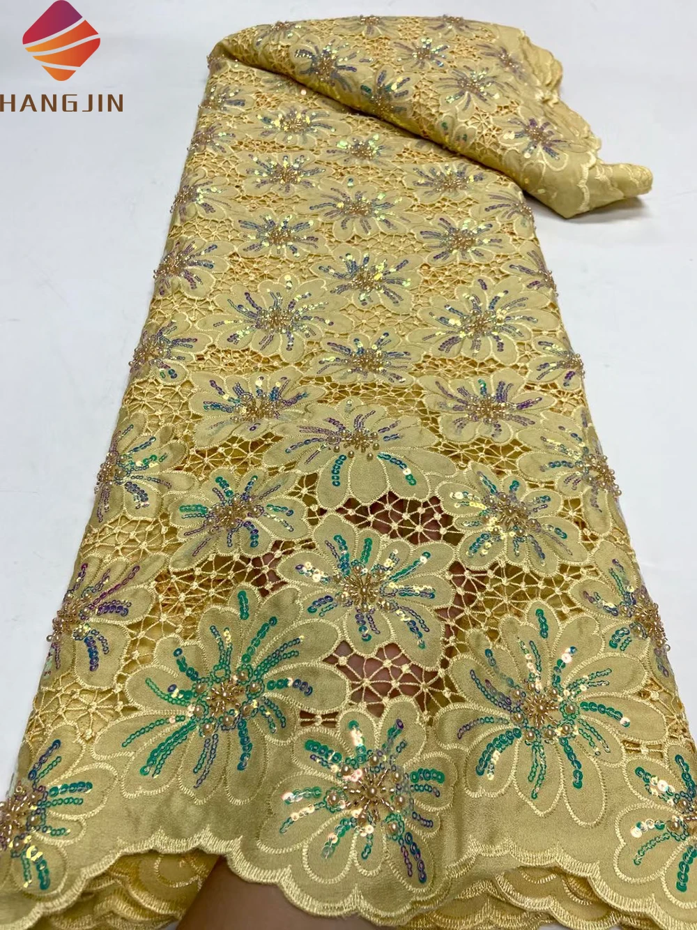 African Chiffon Lace Guipure Lace Fabric Embroidery With Sequins Mesh Fabric Milk Silk Cord Lace For Nigerian Women Wedding