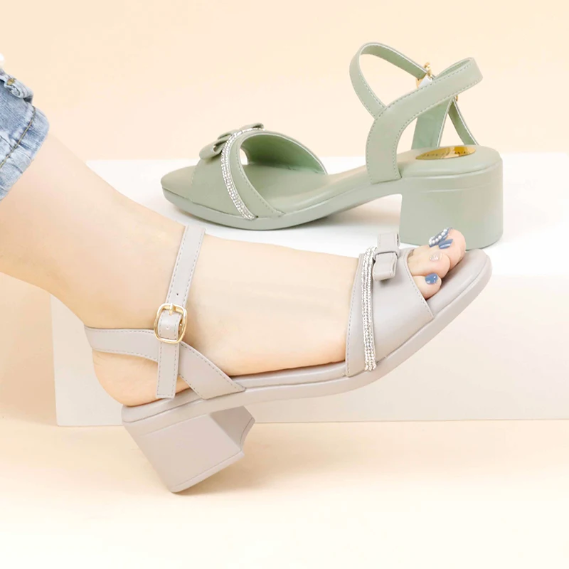 High Quality Low Price Green open toe Comfortable Platform Chunky Square Heel Block Heels Sandals Bow Decorative Fashion Sandals