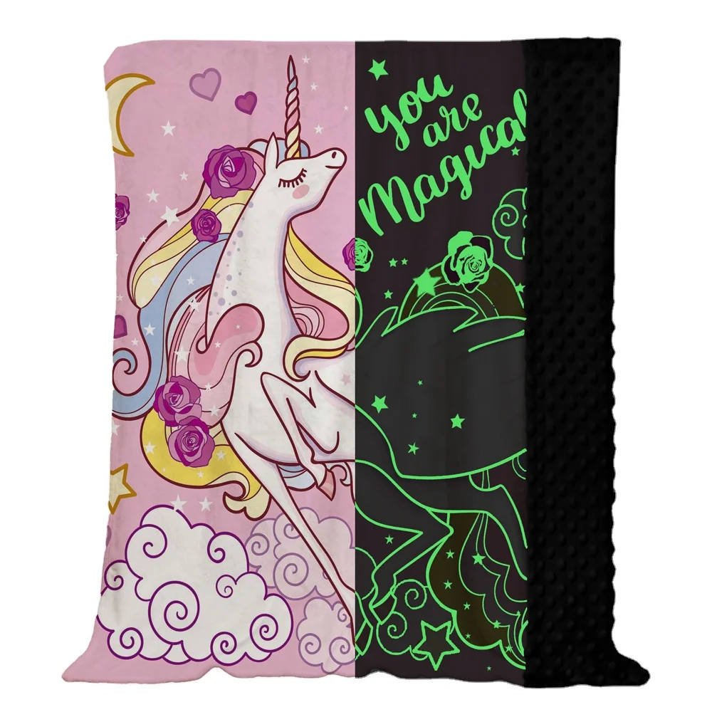Factory Flannel Plush Throw Blanket Unicorn Blanket All Seasons Kids Pink Luminous Glow in The Dark Blanket