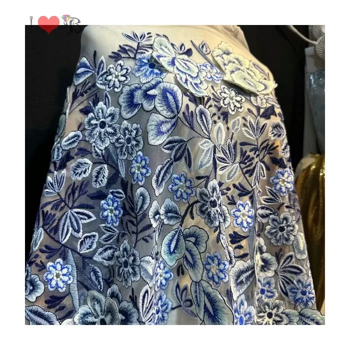 blue with white 3d floral organza embroidery lace fabric for fashion dress handcut 3d floral lace