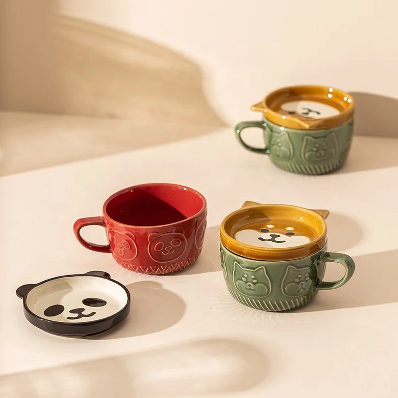 Hot Selling Creative Cute Lovely Animal Cat Ceramic Coffee Mugs Cups With Lid And Bamboo Spoon
