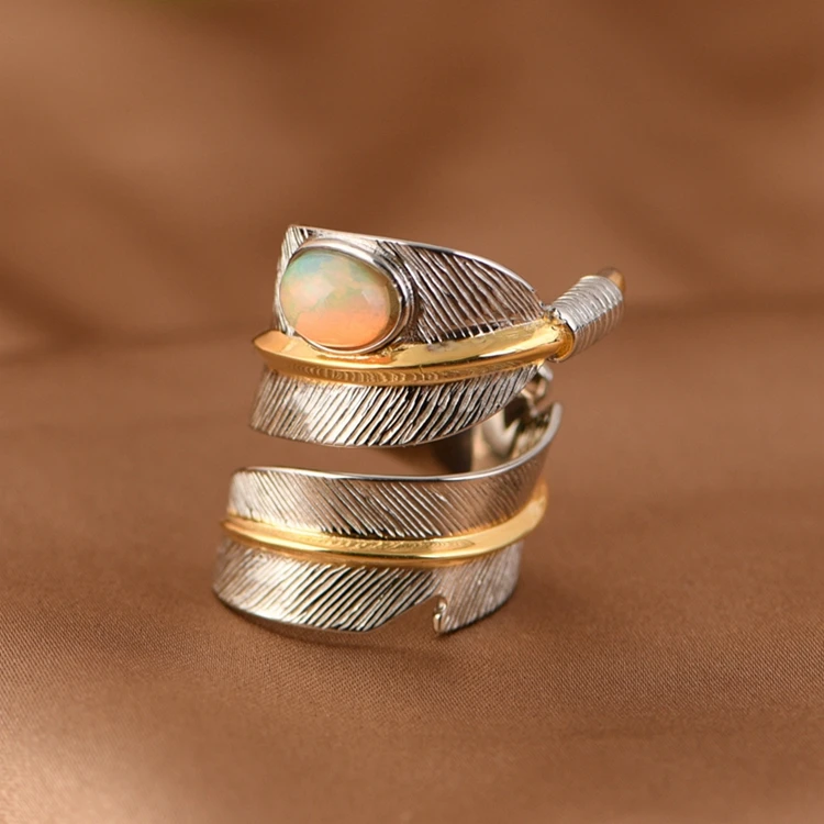 Authentic silver jewelry S925 Sterling Silver Ring Fashion Gold Plated Feather Set Opal Adjustable Ring for Women