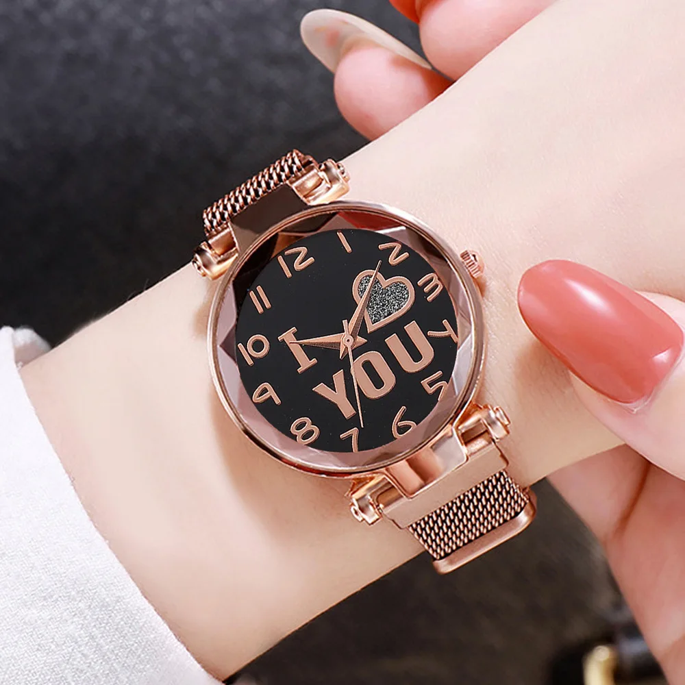 Luxury Quartz Starry Sky Heart Dial Ladies Wrist Watches Magnetic Mesh Band Watch and Bracelet Set