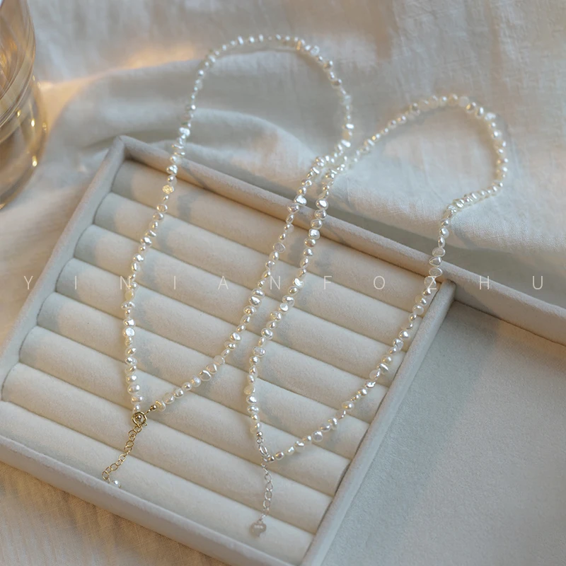 4-5mm small baby tiny size fresh water natural freshwater cultured real flat irregular baroque pearl choker necklace 16'