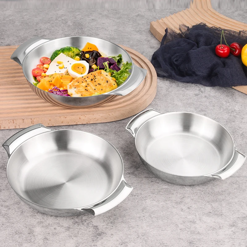 Hot Selling Stainless Steel Plate Seafood Metal Serving Tray Round Plate Metal Decorative Tray Plate With Double Ear