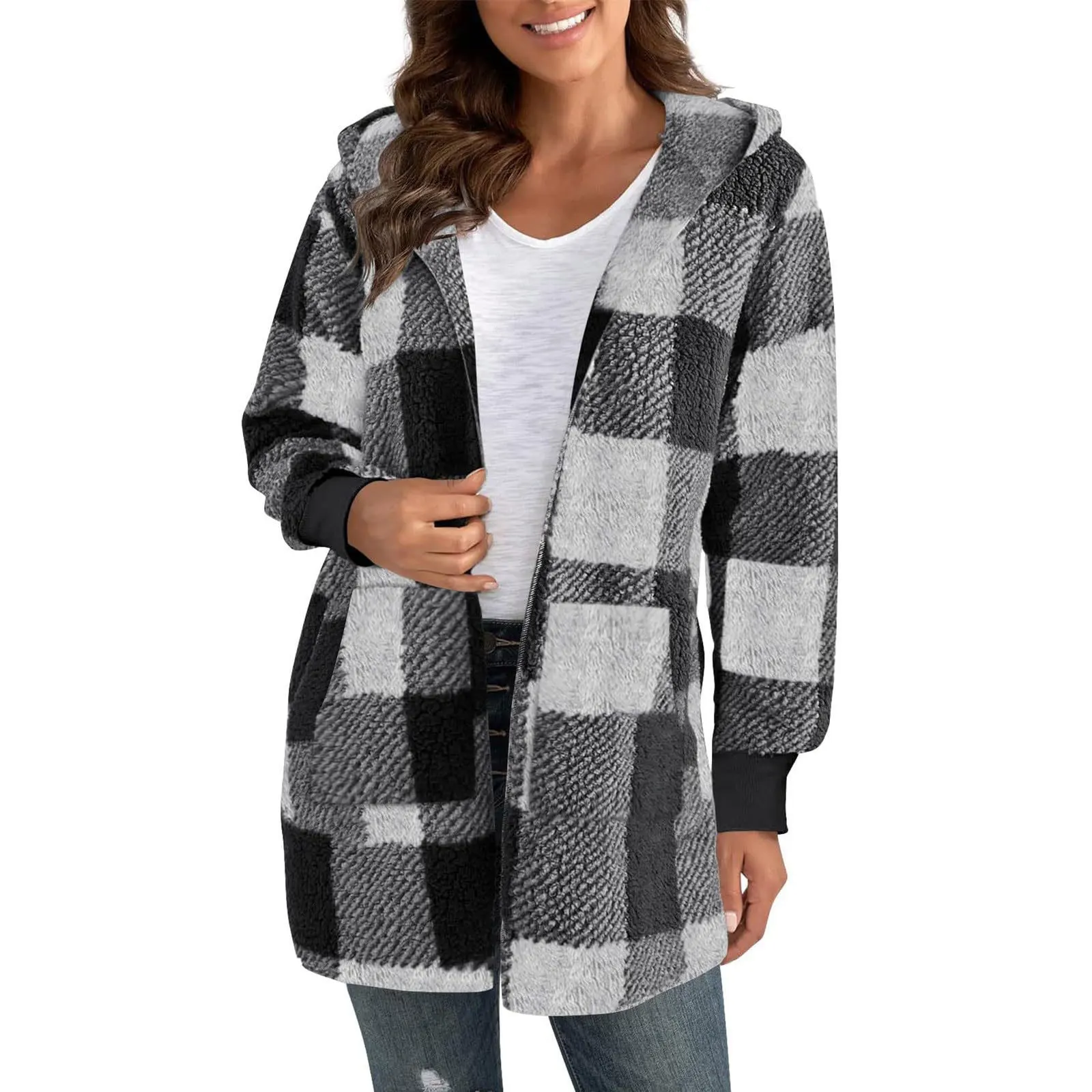 New cross border hooded plaid fleece coat for autumn and winter