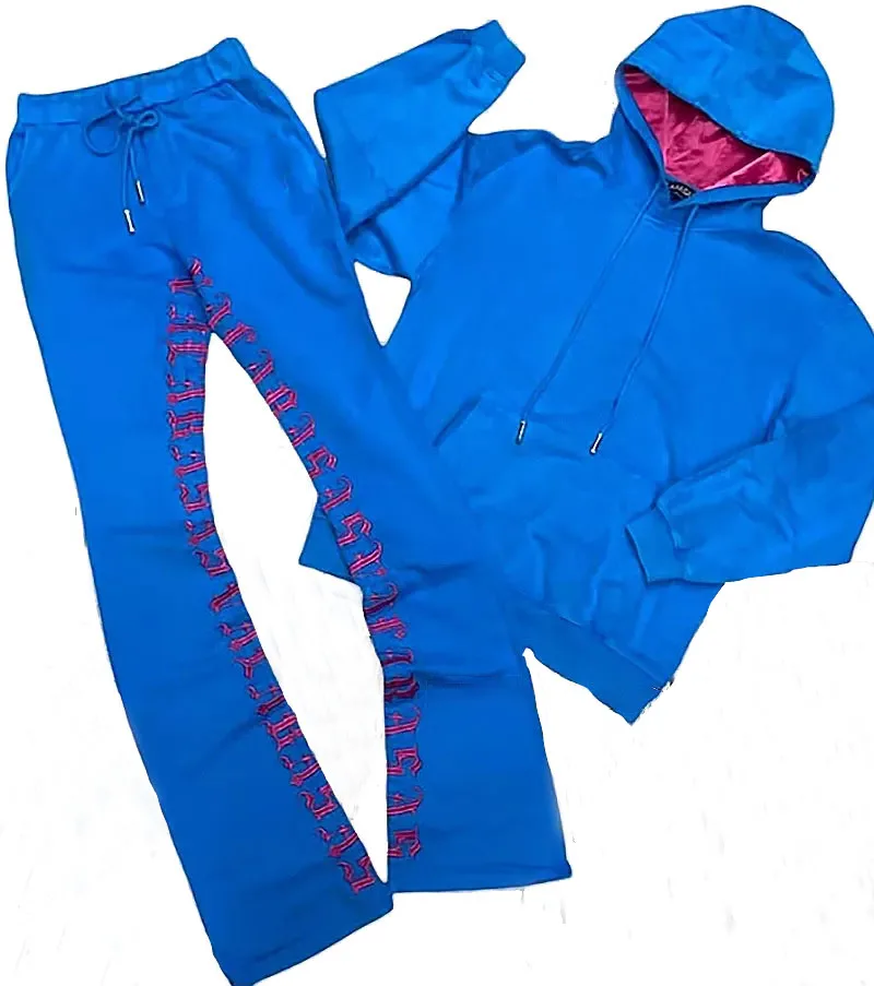 flat embroidery design custom high quality plain satin hoodies and flare sweatpants tracksuit for men