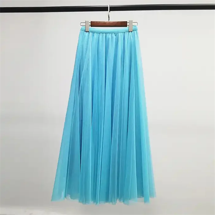 Long Tulle Skirt Women Summer New Gradient Korean Elegant High Waist A-line Pleated Sun School Midi Skirt Female