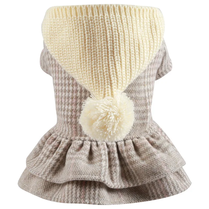 Pet Dog Wear Dog Dress With Hat Gray Plaid Small Medium Pet Hoodies