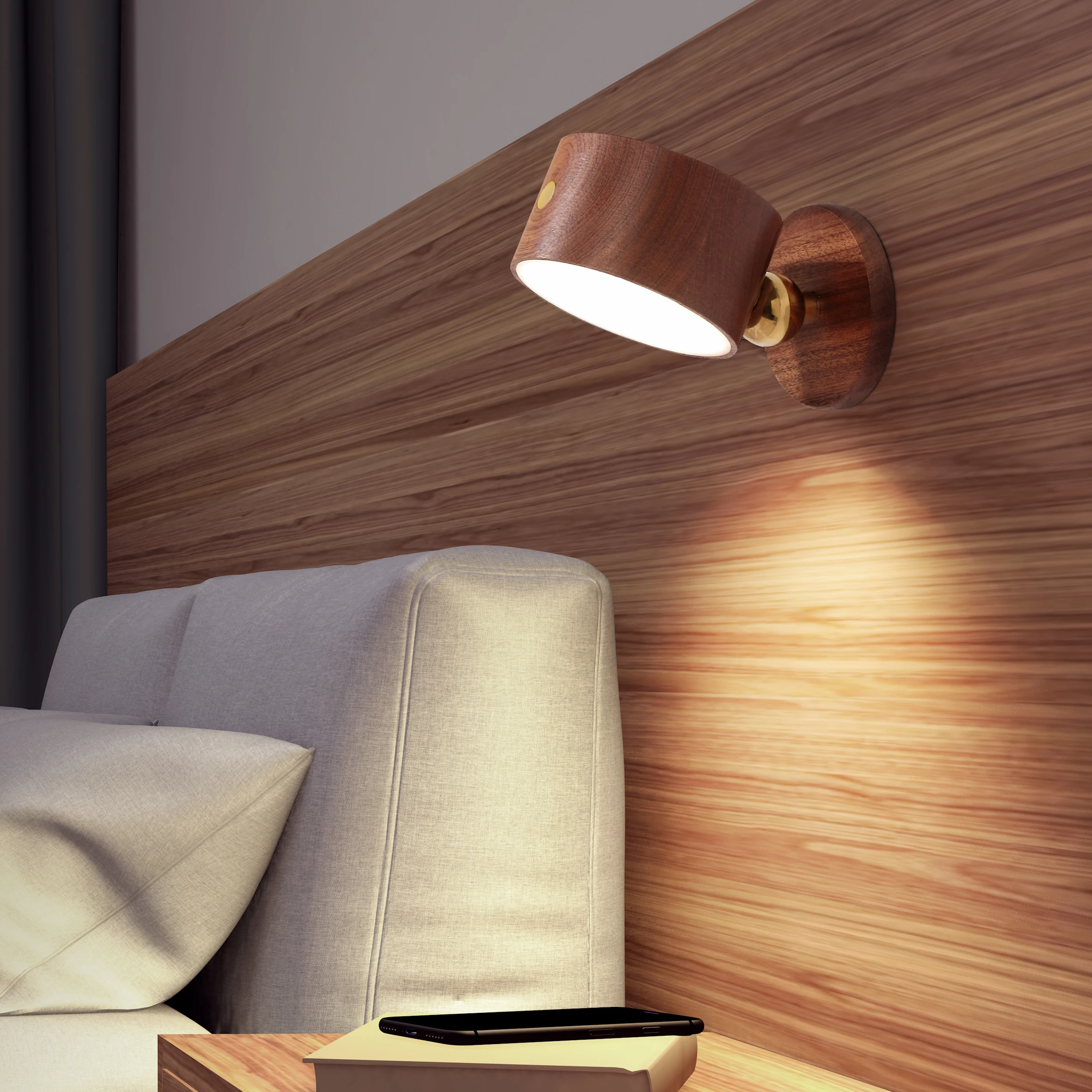 Modern round Wooden Wall Lamp with LED Reading Light 360 Rotation Touch Control Dimmable Rechargeable Power Supply for Bedroom