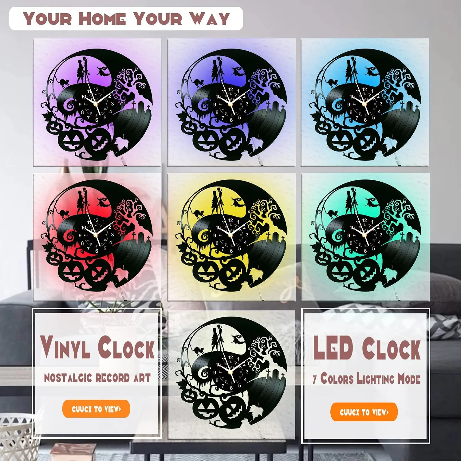 Jack and Sally Decor 7 Color Luminous Wall Clock Vinyl Clock for Room Living Room Bedroom Nightmare Before Christmas Gifts