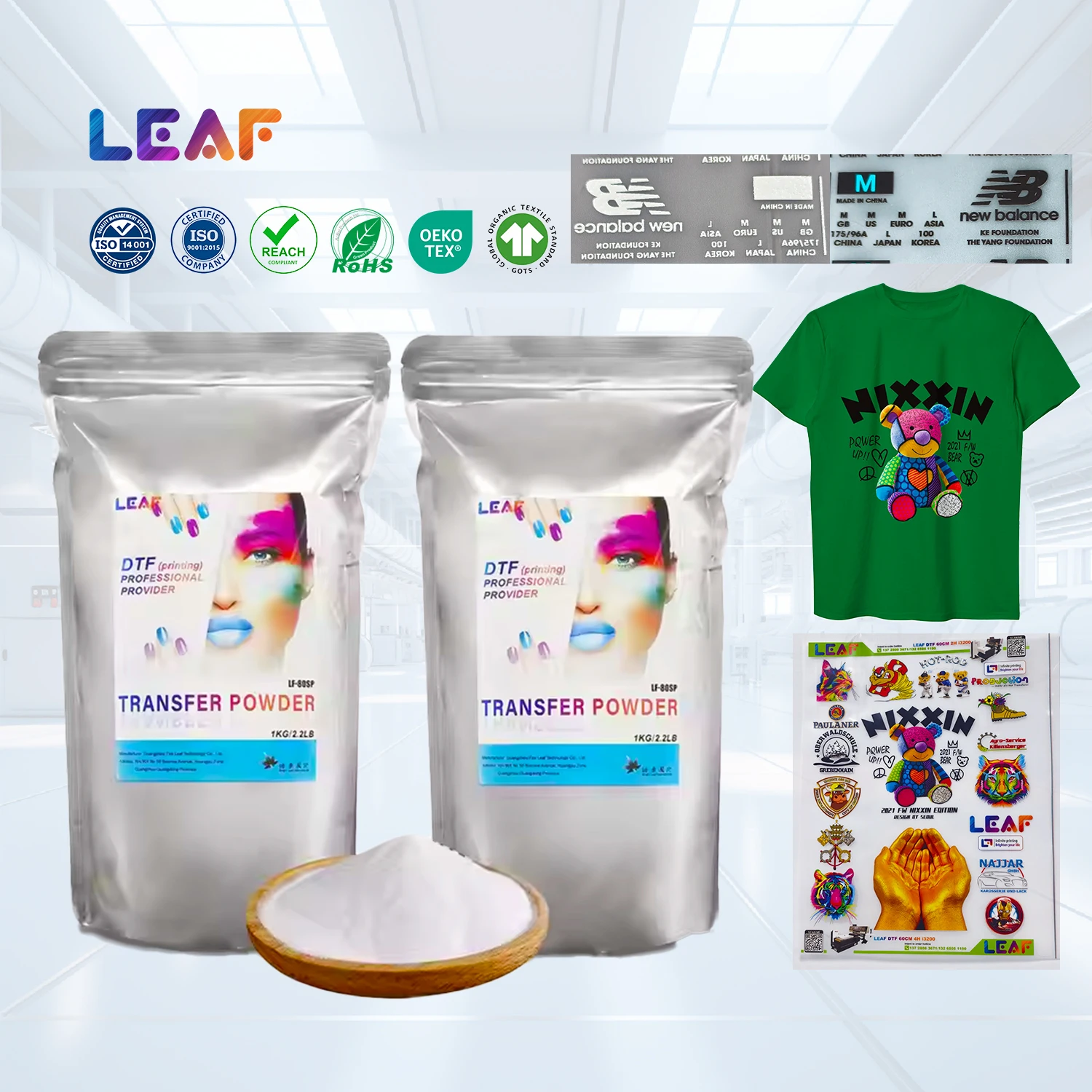 Leaf 1kg/Bag 20kg TPU DTF Powder DTF Transfer Powder High Elasticity White Black Hot Melt Powder