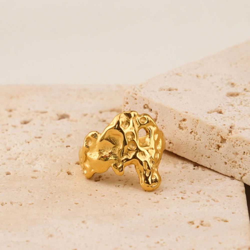 Chris April hammered bumpy open ring vacuum plated lava textured stainless steel concave convex surface ring