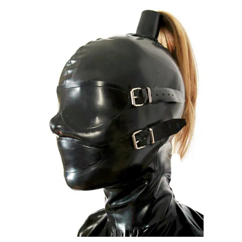 Handmade Latex Hood With Wig Ponytail With Eyeshade With Mask