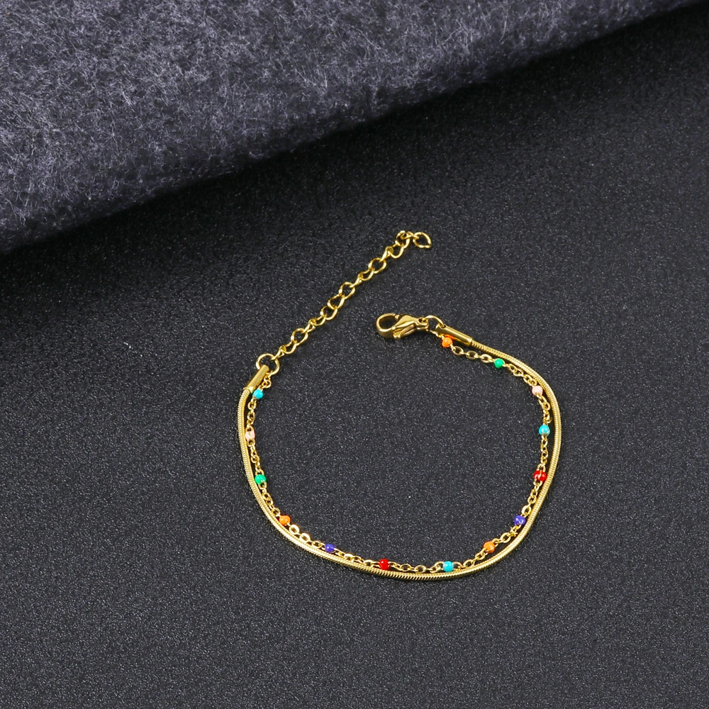 Bohemian Style Two-Layer Rainbow Beaded Bracelet Colorful Rice Beads Adjustable Bracelet For Women  Friends Gifts