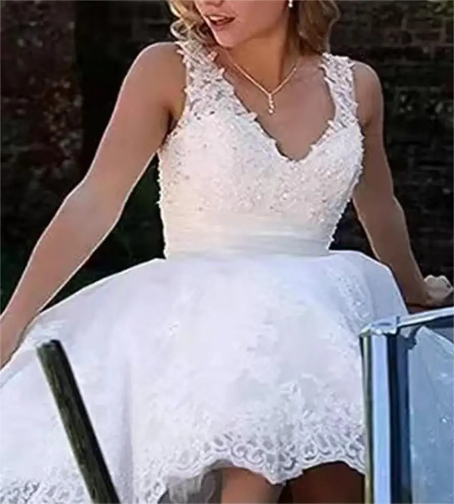 new princess bride short wedding dress deep V self-cultivation lace wedding dress