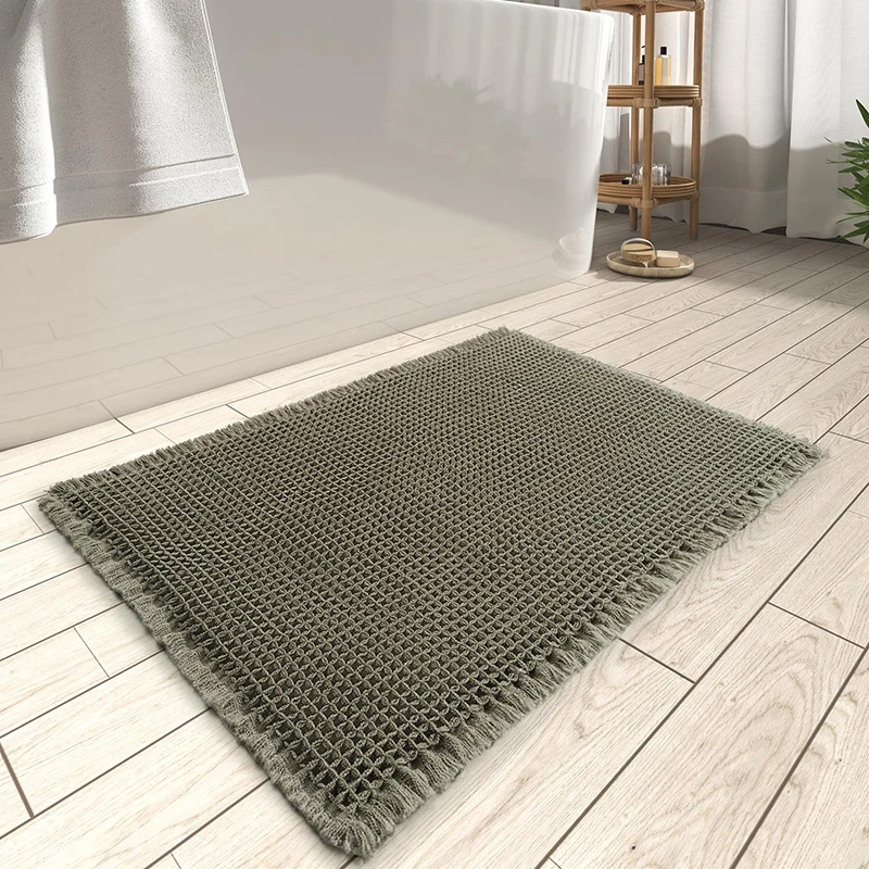 Custom Color Home Hotel Microfiber Absorbent Door Bathroom Mat Non Slip Machine Washable Waffle Bath Mats with Tassels