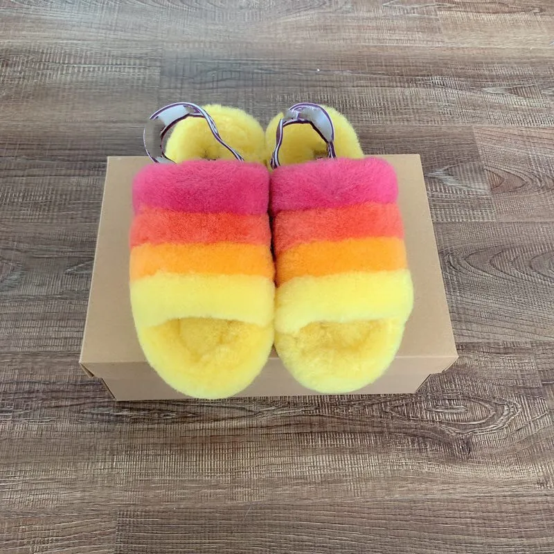 2020 wholesale lady Luxury Colorful Winter Warm Sheepskin Fur Slides for Women House Indoor Slippers Slides