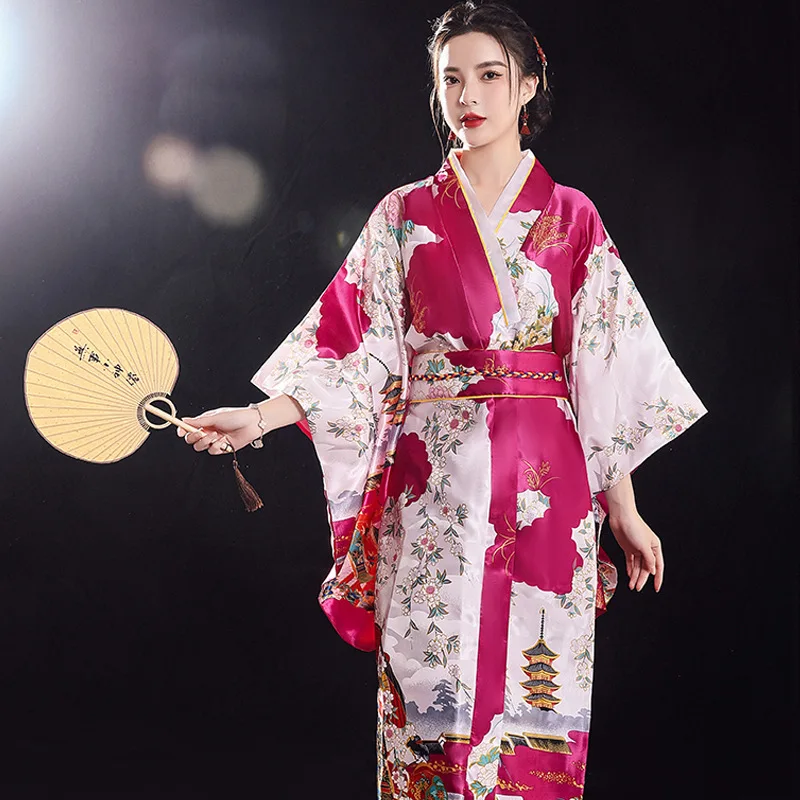 Woman Lady Japanese Tradition Yukata Satin Kimono With Obi Flower Vintage Evening Dress Cosplay Costume One Size