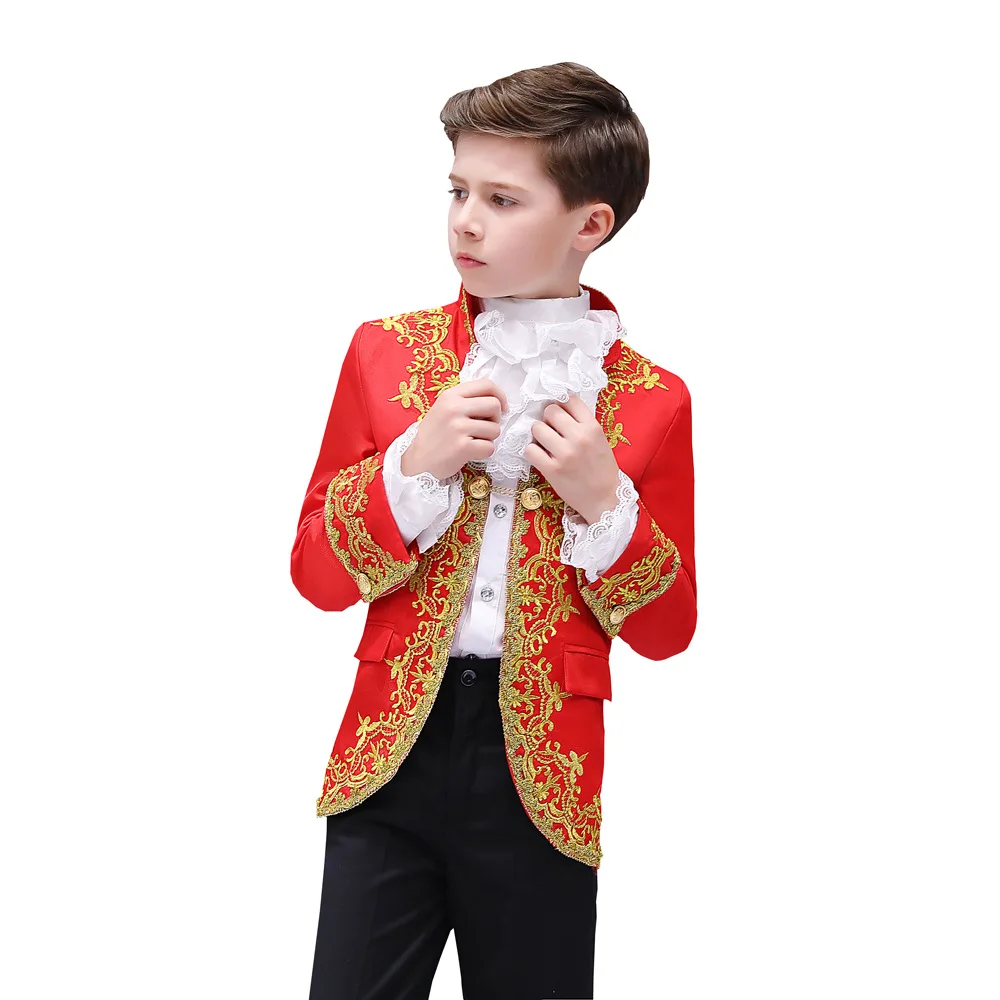 Black Red and White Fashion Retro Court Children Boys Suits Three Piece Embroidery Performance Prince Charming Cosplay Kids Suit