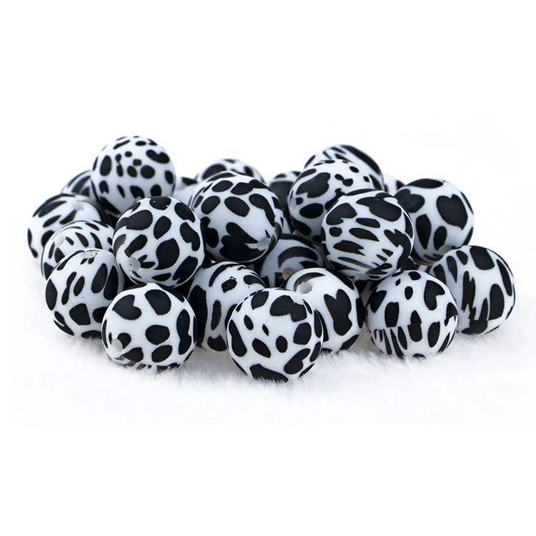 Custom design free 12mm 15mm 19mm BPA free food grade Silicone Round Leopard Print Silicone Beads