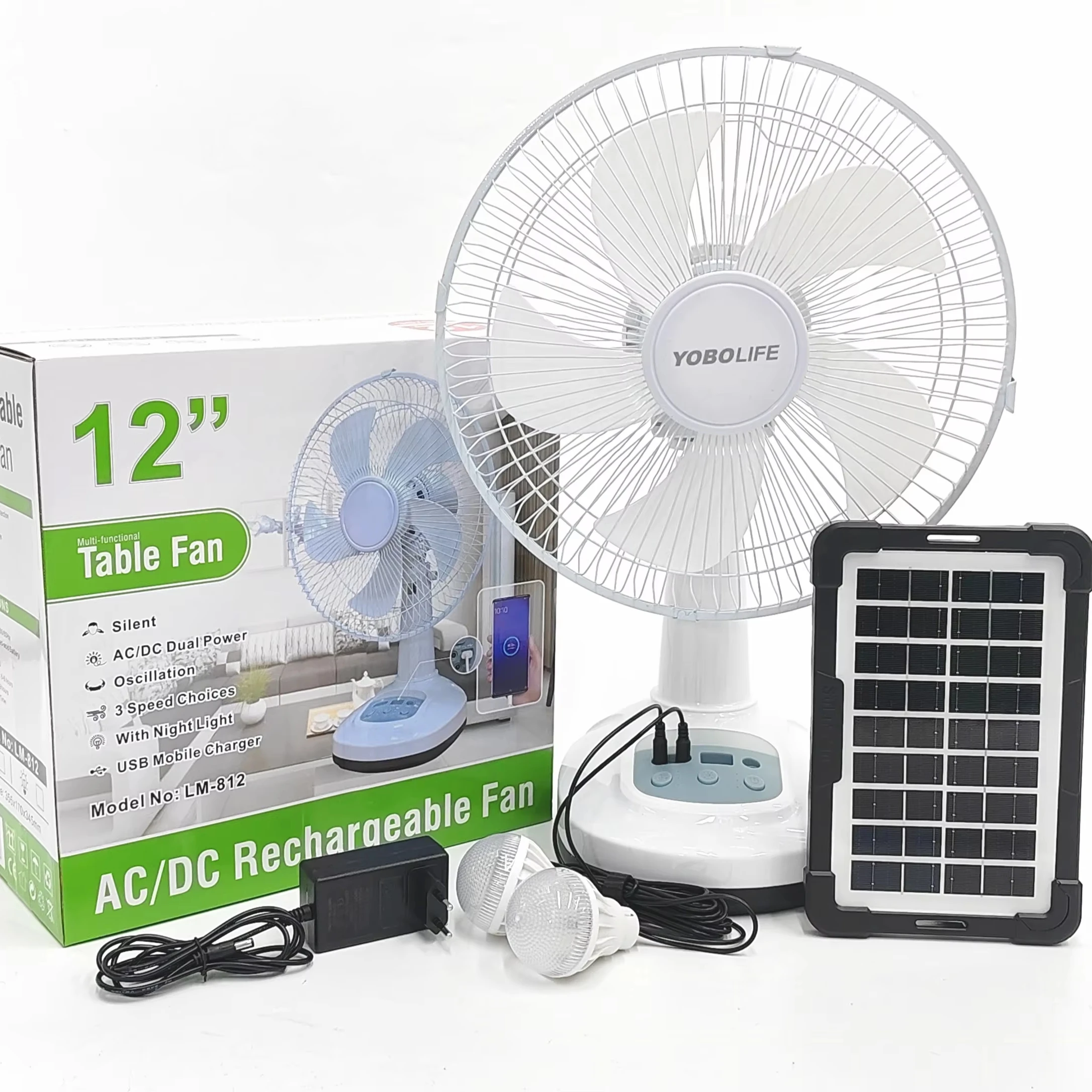 Hot Selling LM-812 Portable Solar Charging Station Fan with Light Bulb