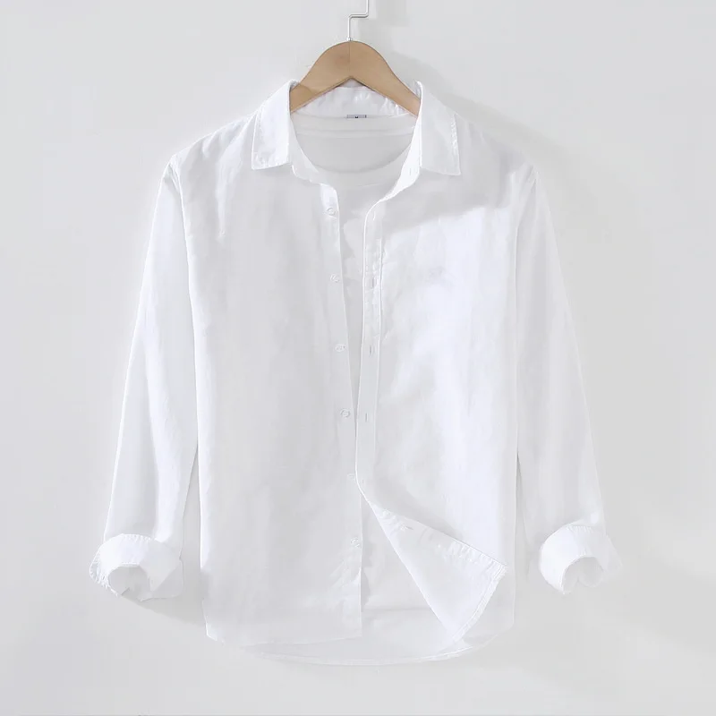 Linen Shirt Men Cotton Button Turn Down Collar Natural Linen Casual Shirts