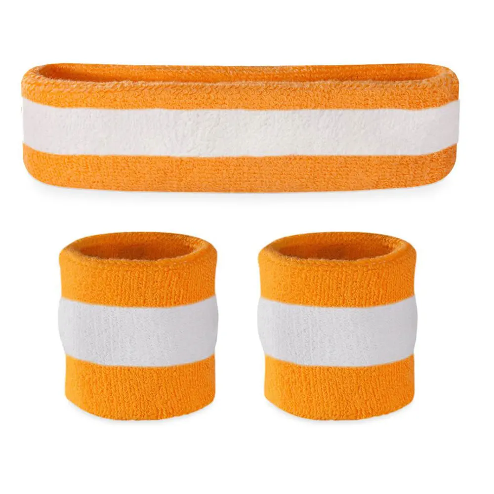 Custom logo terry cotton fabric wrist orange head sweat band embroidered wristband set sport elastic sweatband headband