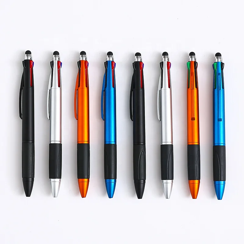High Quality Mat Metallic Promotion 3 In 1 Green Red Blue Black Refill Inks Stylus Ball Pen With Custom Logo