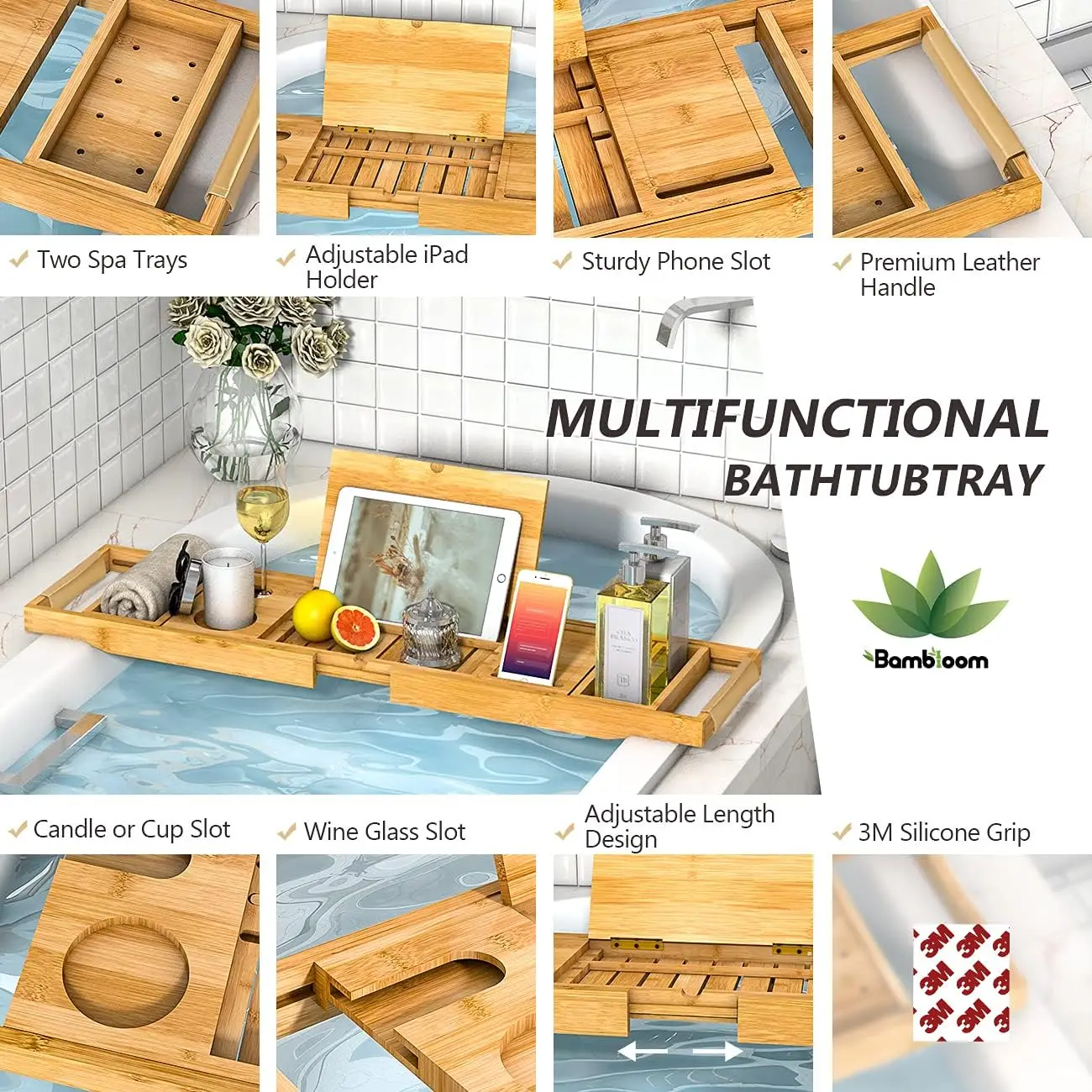 Foldable Soaking Tray Bamboo Bathtub Caddy for home Bathtub Tray With Extending Side