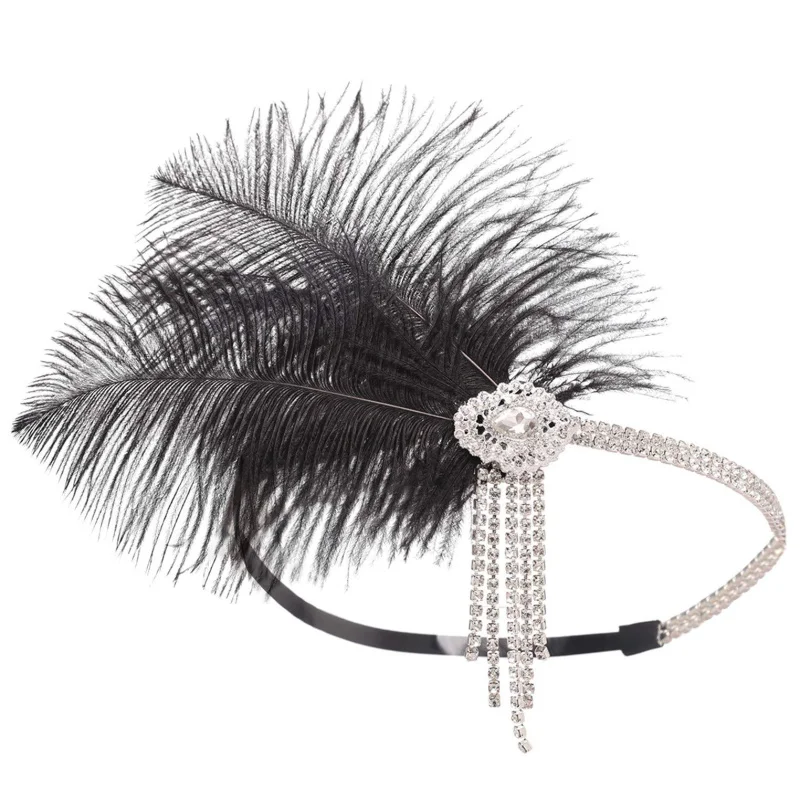 HZO-23041 Retro Flapper Feather Headband Great Gatsby Headpiece Art Hair Accessories Feather and Rhinestone Headband