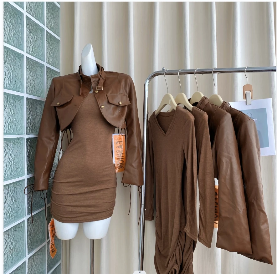 HAPPEAK Hotgirl dress leather jacket slim and sexy autumn and winter temperament slim fashion bottoming long-sleeved tight skirt