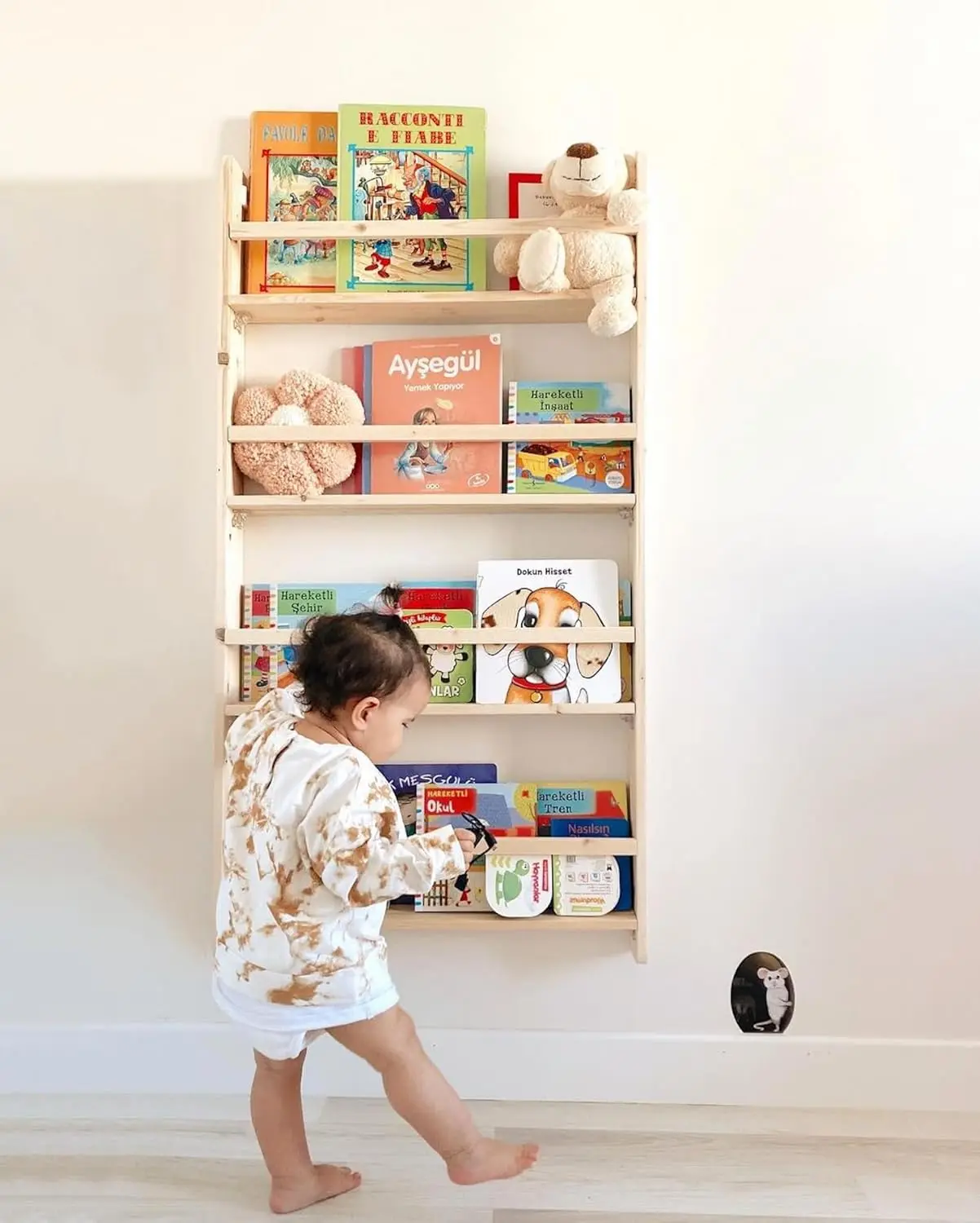 202408 4 Tier Book Display Handmade Solid wood Wall Mounted Montessori Kids Bookshelf  Nursery Furniture Bookcase for  Bedroom