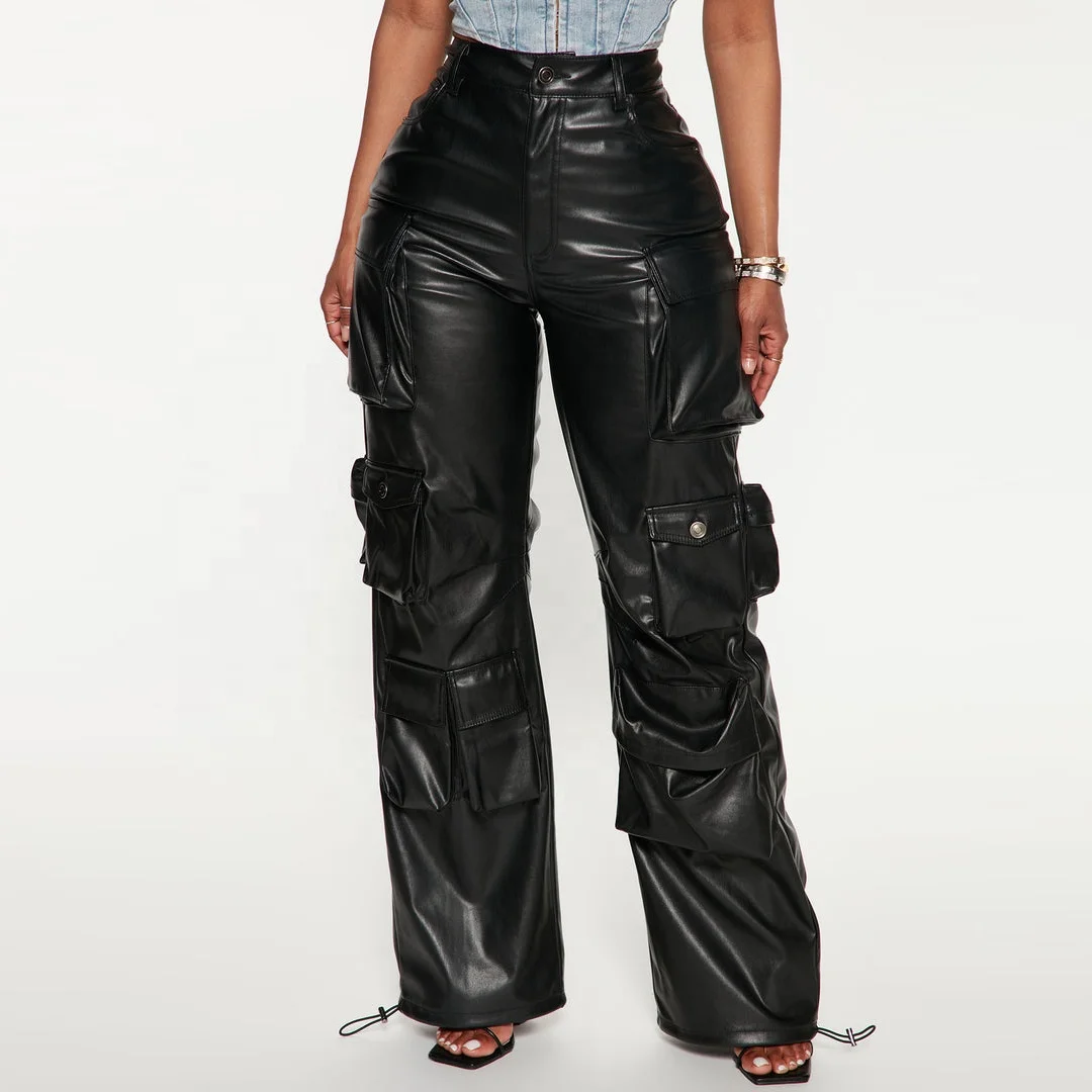 Manufacturer Oem Custom Girls Streetwear Style Leather Trousers Black Sexy Wide Leg Leather Cargo Pants For Women