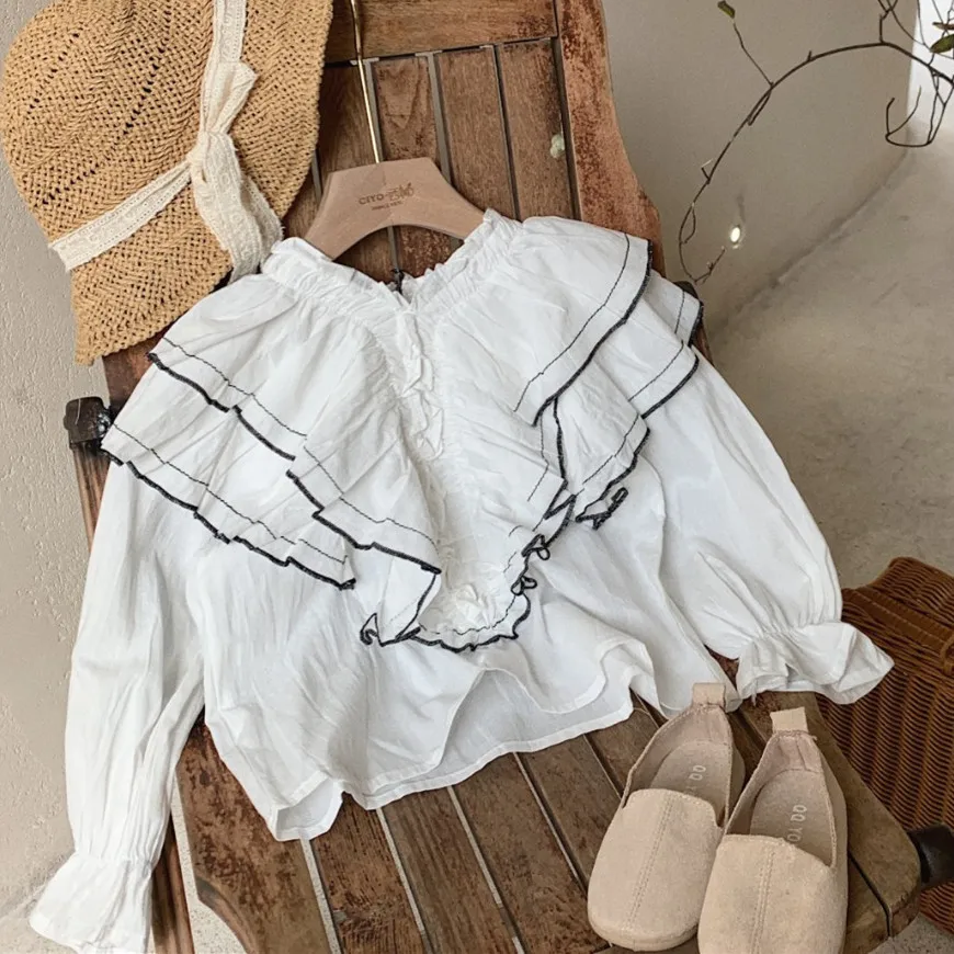 
B112A38 2021 new spring toddler baby girls blouse tops flower blue ruffles casual korean children clothes wholesale 