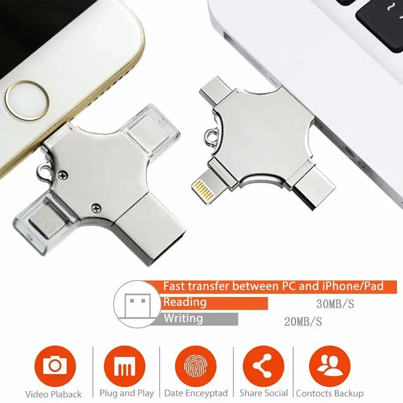 4 In 1 Metal Otg 32 64gb 128g  256g 512g memoria High Speed Fast Type-C USB Flash Drive Stick Pendrive For Iphone Android
