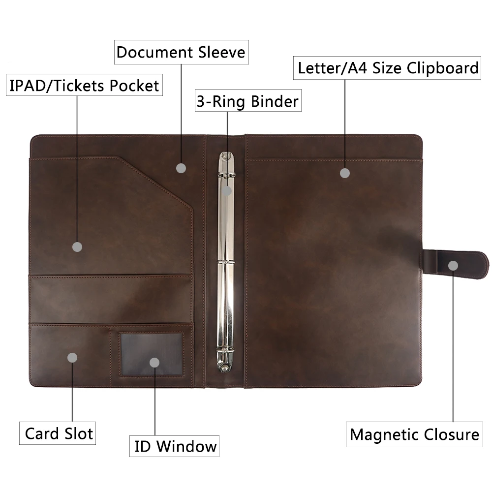 Multi-pocket Custom A4 PU Leather Document Folder Portfolio Organizer File Folder with Ring Binder