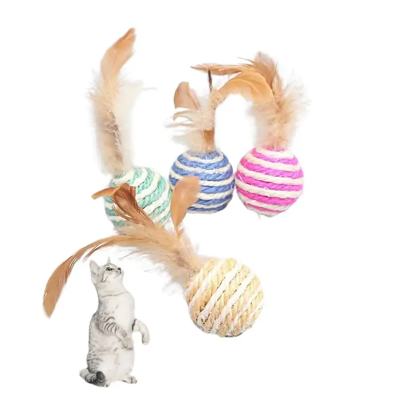 Cat Toy Sisal Ball with Feathers Durable Chew and Grind Teeth Vocal Toy for Cats