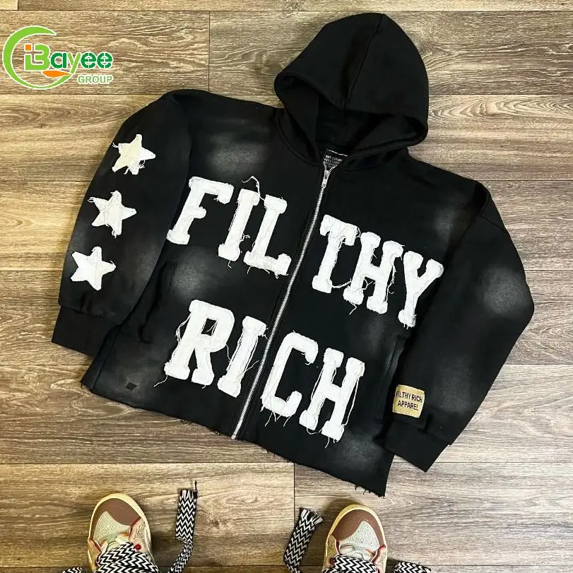 Custom Washed Distressed Hoodies Sun Faded Cut And Sew Zipup Hoodie Cropped Acid Wash Zip Up Embroidery Hoodie