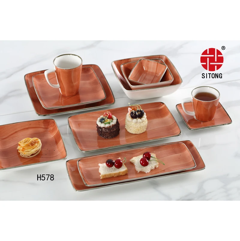 Wholesale New Blue Square Bowl Plate Porcelain Fish Plates Dinnerware Cup Color Ceramic for Home Carton Dinnerware Sets Country