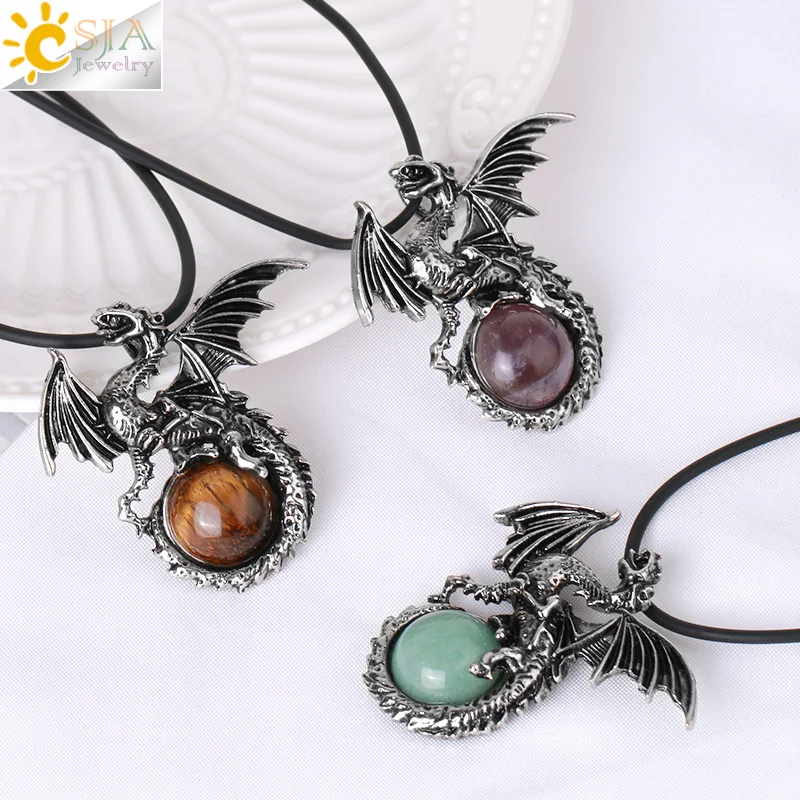CSJA Vintage Jewelry Titanium Steel Dragon Wing Natural Healing Cabochon Stone Animal Pendant Necklace For Men Women H146