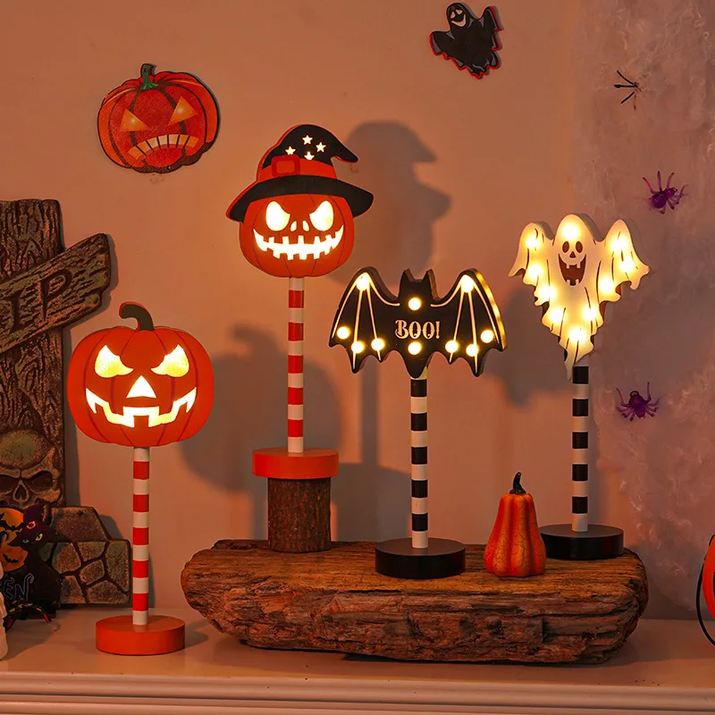 Cross-Border Popular Halloween Night Light LED Shape Lamp featuring Pumpkin Bat Ghost Skull Wooden Decorations